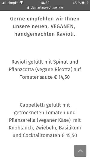 Vegane Ravioli at Ristorante Da Martina in Rottweil