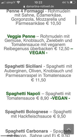Vegane Pasta (Veggie Penne & Napoli) at Ristorante Da Martina in Rottweil
