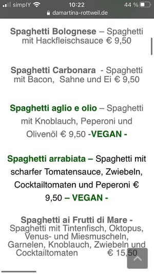 Vegan Pasta p.2 at Ristorante Da Martina in Rottweil