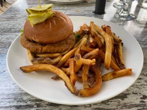 Vegan burger with house made chickpea patty at 1886 Lake House Bistro in Callander