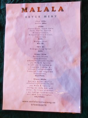 Drink menu at Malala - A taste of Indian/Pakistani Punjab in Umea