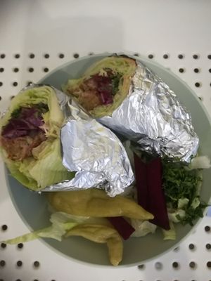 Green wrap - they switched the paper to aluminum wrapping :( at Tahina Bite in Budapest