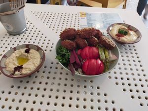 Falafels, hummus, baba ghanoush (all so good!) at Tahina Bite in Budapest