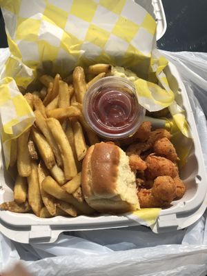 Shrymp Dinner with fries and deviled eggs  at Quannies Vegan Dishes  in Fort Lauderdale