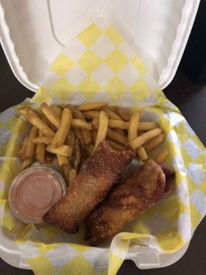 Philly cheez steak egg roll dinner with fries  at Quannies Vegan Dishes  in Fort Lauderdale
