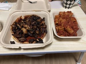 Champignon pizza and pasta with vegan meat sauce  at Chez Valerie 셰 발레리 in Seoul