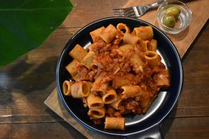 Whole wheat rigatoni in a meaty tomato sauce  at Chez Valerie 셰 발레리 in Seoul