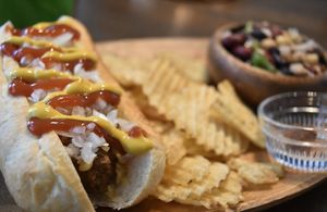 Original beyond hotdog with homemade relish and the new healthy and colourful bean salad! The salad also contains contains pears for a little crunchy and sweetness!  at Chez Valerie 셰 발레리 in Seoul