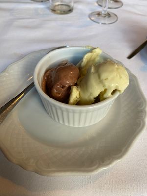 Fourth course: vanilla and chocolate sorbet ice. (vegan) at Hotel Van der Werff in Schiermonnikoog