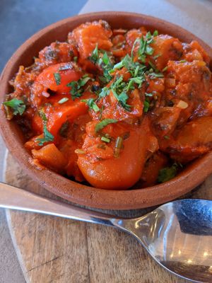 Eggplant and red pepper stew at Hachapuri in Budapest