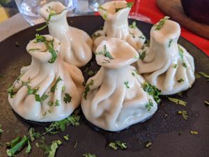 Hinkali dumplings stuffed with mushrooms and herbs -- so yummy! at Hachapuri in Budapest