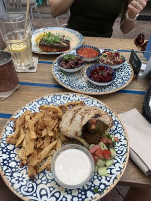 Falafel sandwich and salad sampler   at Mazel Tov in Budapest