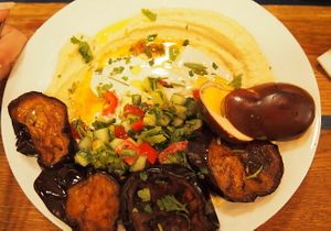 hummus, tahini and eggplant  at Mazel Tov in Budapest