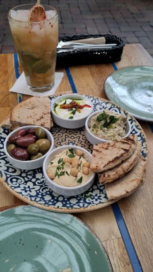 Mezze plate (labane not vegan) at Mazel Tov in Budapest