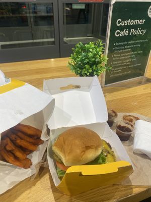 Vegan Cheese Burger (Minus Onions), Sweet Potato Fries, BBQ Sauce 🤪 and Cafe Policy 🙃  at PLNT Burger - Florida Ave in Washington