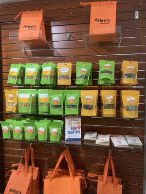Packages of dried mango and raw crackers at Arlee's Raw Blends in Trenton