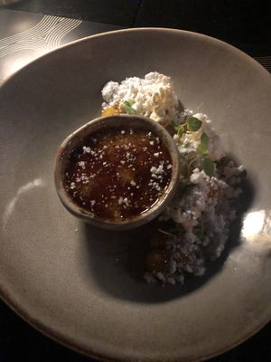 Coconut and mango sago brûlée with fresh mango, coconut ice cream and candied popcorn at Rogue Bistro in Newstead