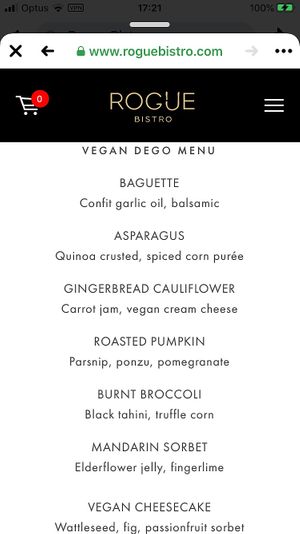 Vegan menu  at Rogue Bistro in Newstead