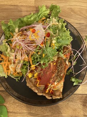 Tarte de jour with tomato and house made cheese   at La Plume Végétale in Aix-en-provence