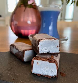 Blue Vanilla "cheese" curds in chocolate glaze at Vegan Desserts in Paphos