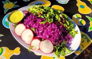 Huarache plate (there are beautiful tortillas under there!) at Flacos in Berkeley