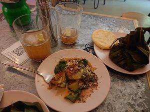 Tamarind Lemonade with vegan tamal and paquetico de maduro at Rosa & Paula in Cologne