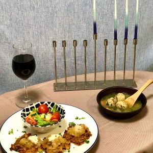 Hanukkah Dinner Set:

Vegan Latke Potato Pancakes, served with Cashew Nut Sour Cream & Homemade Applesauce, House Salad + Cup of Vegan Matzo Ball Soup at Momma Noodles - Pop Up in Zushi