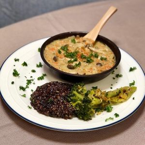 Polish Dinner Set: Creamy Mushroom Soup (Wegańska Zupa Grzybowa), Vegan Broccoli Polonaise + side of Wild Rice at Momma Noodles - Pop Up in Zushi