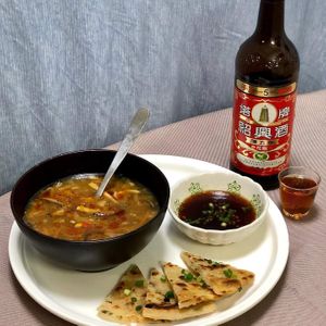 Chinese New Year Dinner Set: Vegan Hot & Sour Soup, Crispy Scallion Pancakes served w/ tangy sesame ginger sauce at Momma Noodles - Pop Up in Zushi