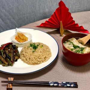 Chinese New Year Lunch Set: Spicy Eggplant & Green Bean Stir-fry, Brown Rice & side of Vegan Wonton Soup  at Momma Noodles - Pop Up in Zushi