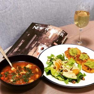 Chowder Dinner Set: Manhattan-style Vegan Chowder, Corn Fritters w/ spicy avocado sauce, Side of Lettuce Citrus Salad with Pistachios, topped w/ orange crème fraîche dressing  at Momma Noodles - Pop Up in Zushi