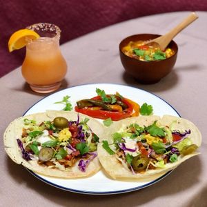 Mexican Dinner Set
-Spicy Jackfruit Fajitas w/ Pico de Gallo, Guacamole, Vegan Cheese & Sour Cream
-Roasted Peppers & Onions
-Hearty Mexican Vegetable & Bean Soup at Momma Noodles - Pop Up in Zushi