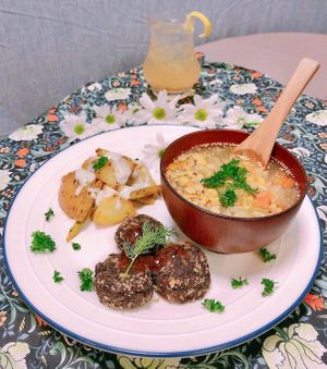 Vegan Swedish Meatballs, glazed w/ tangy Apricot-Balsamic Sauce 
Pan Roasted Potato & Asparagus Salad w/ Vegan Yoghurt Lemon-Dill Dressing
Ärtsoppa (Swedish Yellow Pea Soup) at Momma Noodles - Pop Up in Zushi
