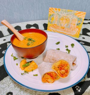 Taste of India Dinner Set

-Vegan Frankies aka “Mumbai Burritos” w/ Mustard Tomato Chutney sauce
-Side of Side of Mulligatawny (Red Lentil Curry) Soup at Momma Noodles - Pop Up in Zushi
