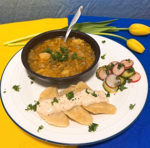 Ukrainian Dinner Set

-Ukrainian Cabbage Soup 
-Wareniki Dumplings served w/ Vegan Sour Cream
-Side of Radish & Cucumber Salad at Momma Noodles - Pop Up in Zushi