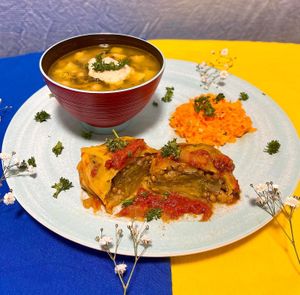 Ukrainian Lunch Set

-Ukrainian Green Borscht Soup
-Vegan Stuffed Cabbage Rolls w/ Brown Rice & Lentils
-Side of Sweet Carrot Salad w/ Sunflower Seeds at Momma Noodles - Pop Up in Zushi