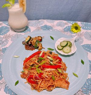 Indonesian Dinner Set

-Vegan Mie Goreng (Indonesian Stir Fry Noodles)

-Vegetable Skewers w/ Zesty Satay Peanut Sauce

-Side of Acar Ketimum (Indonesian Cucumber Pickles)
 at Momma Noodles - Pop Up in Zushi