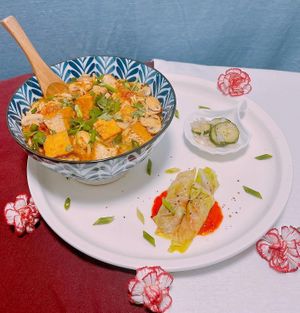 Indonesian Lunch Set

-Vegan Laksa (Spicy Indonesian Noodle Soup)

-Cabbage Rolls basted with Indonesian Sambal Sauce

-Side of Acar Ketimum (Indonesian Cucumber Pickles)
 at Momma Noodles - Pop Up in Zushi