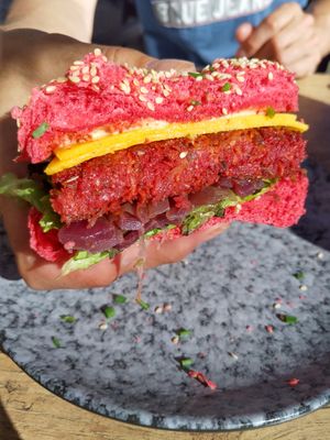 Beetroot burger inside at Bitemark in Alkmaar