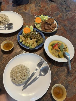 Green (pumpkin) curry, Tempura from local veggies, amazingly seasoned steaks from dried tofu.  at Orchid Spa in Koh Tao