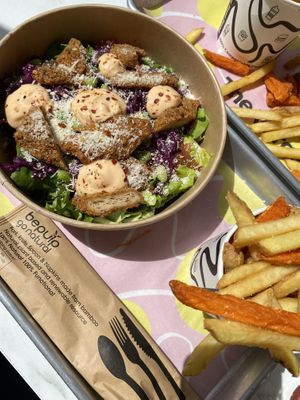 Sweet chilli chicken bowl with 50/50 fries.  Delicious! at The Vurger Co in Brighton