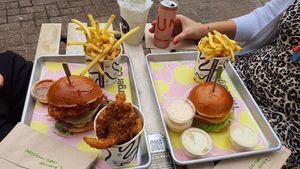 Burgers and breaded mushrooms. Popcorn shake and rose wine at The Vurger Co in Brighton