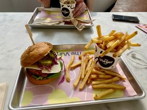 Honeygazed Vegan burger with fries  at The Vurger Co in Brighton
