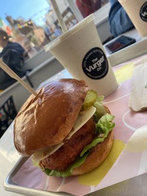 Buffalo chicken vurger and banana milkshake at The Vurger Co in Brighton