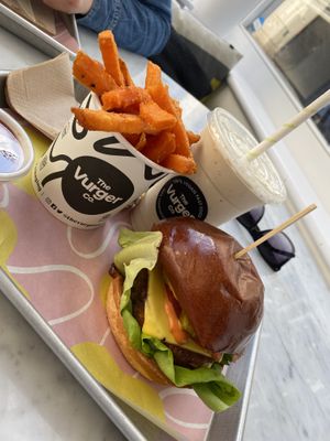 Classic bean patty with sweet potato fries and banana milkshake  at The Vurger Co in Brighton