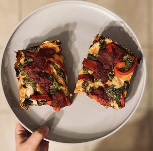 Vegan pizza with red peppers & spinach  at Satch Squared in Gainesville