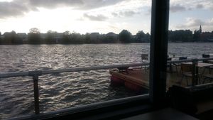 View over the river Zaan. You can also eat on the floating outdoor terrace.  at Bouldergym BAZ in Zaandam
