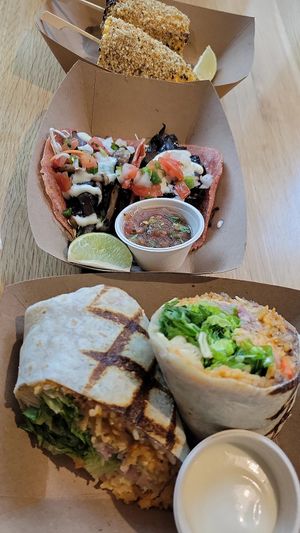 Burrito, Mezcal Mushroom Tacos, and Mexican Street Corn at Jajaja Mexicana - Hudson Yards in New York City