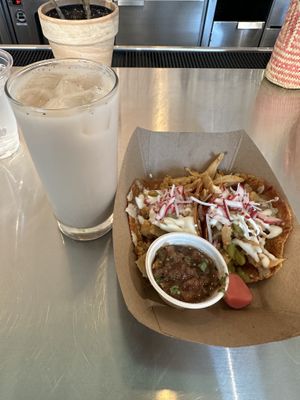 Horchata and "chicken" tacos  at Jajaja Mexicana - Hudson Yards in New York City
