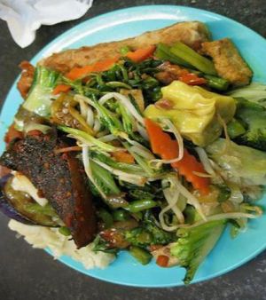 Plate of food from self-service buffet at Chang Yen Vegetarian Food in Penang